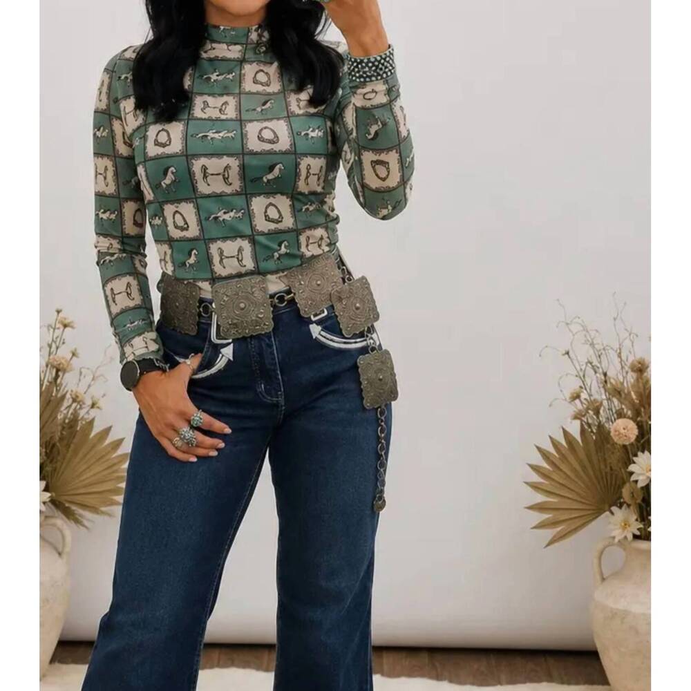 NEW LUCKY & BLESSED checked mesh long sleeved top in turquoise